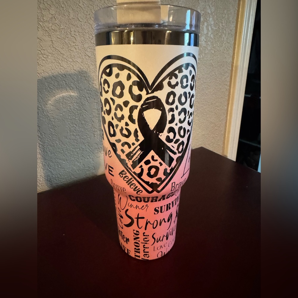 Pink Ombré Breast Cancer Fighter Ribbon custom etched 40oz tumbler